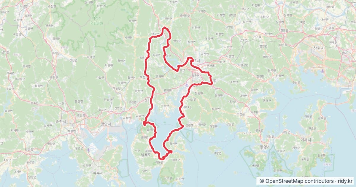 PT-09 진주 해안코스 자전거 코스 지도 미리보기 - 202.1km, 상승고도 886m