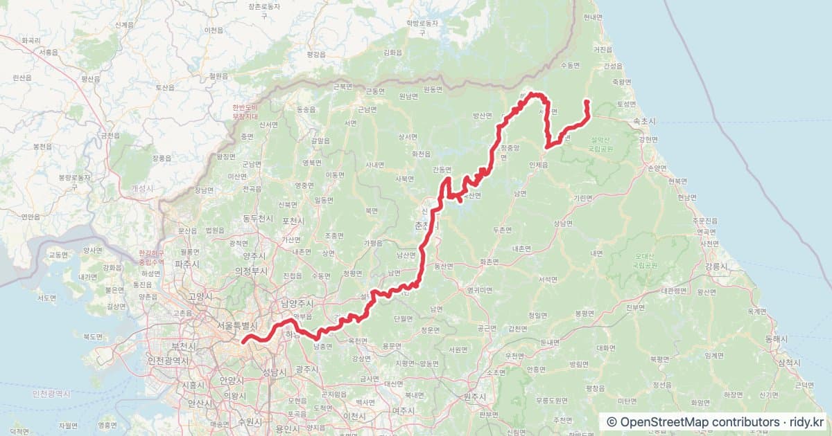 PT-35 백두대간 공원 자전거 코스 지도 미리보기 - 308.1km, 상승고도 4,941m