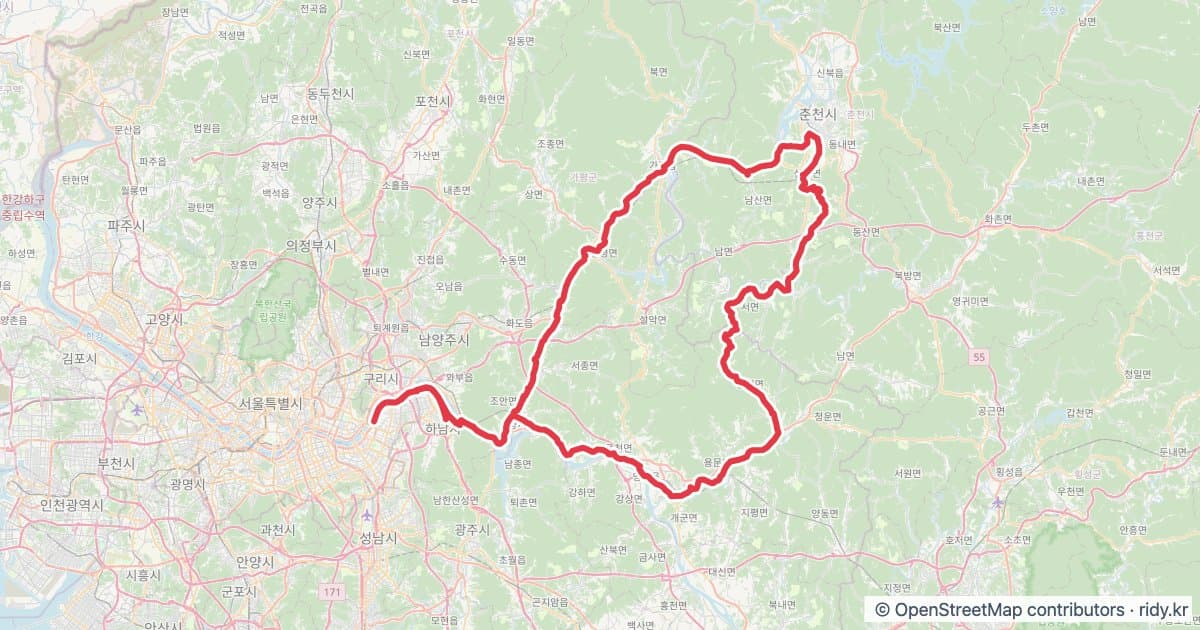 PT-55 춘천닭갈비 자전거 코스 지도 미리보기 - 221.6km, 상승고도 1,658m
