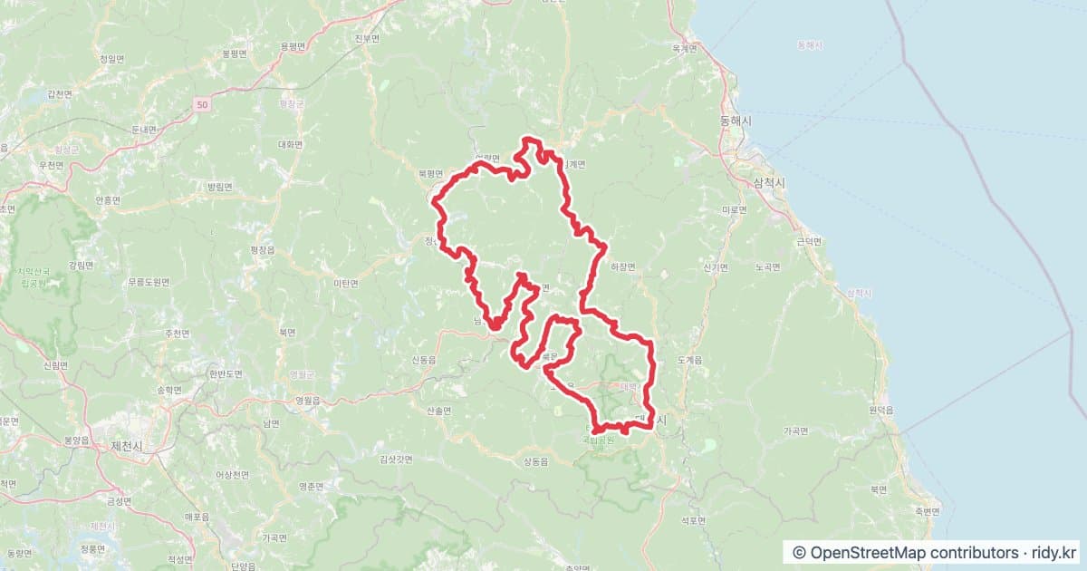PT-64 태백 어드밴처 자전거 코스 지도 미리보기 - 216.9km, 상승고도 4,281m