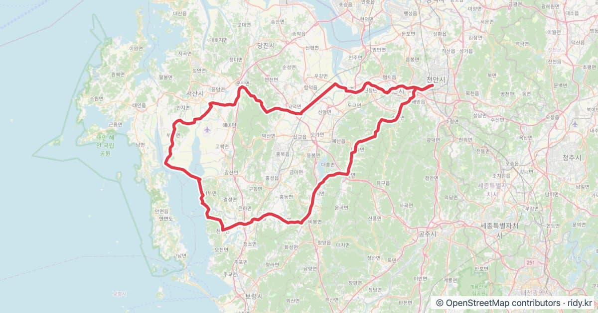 PT-92 충남 맛집 투어 자전거 코스 지도 미리보기 - 203.1km, 상승고도 1,135m