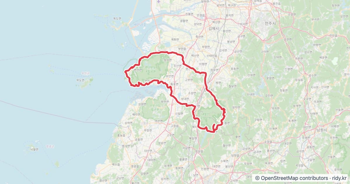 내장산 변산반도 라이딩 루트 · 전북 자전거 코스 지도 미리보기 - 160.8km, 상승고도 947m