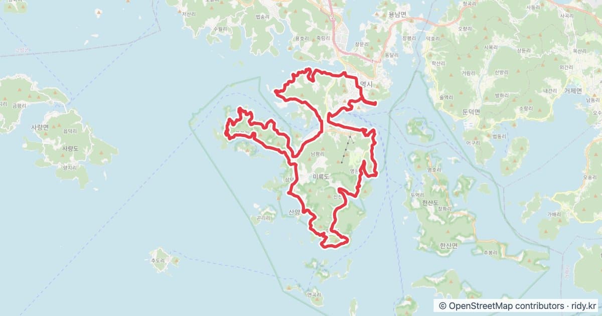 경남 자전거 코스 추천 · 통영 한바퀴 자전거 코스 지도 미리보기 - 65.8km, 상승고도 518m