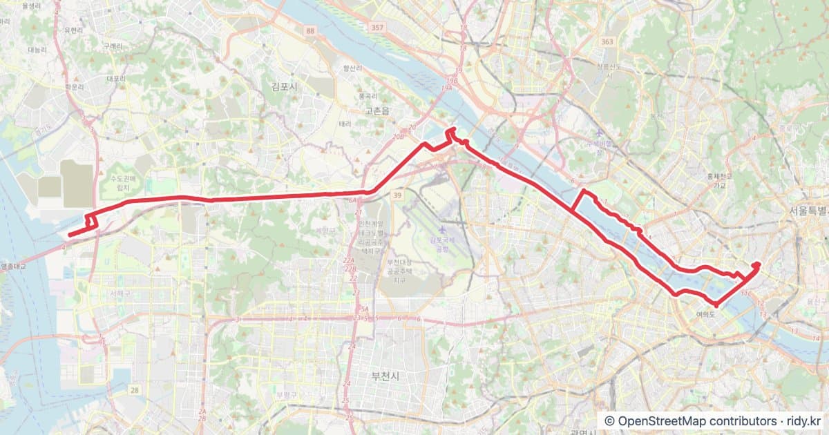 서울 마포점-정서진 자전거 코스 지도 미리보기 - 75.4km, 상승고도 191m