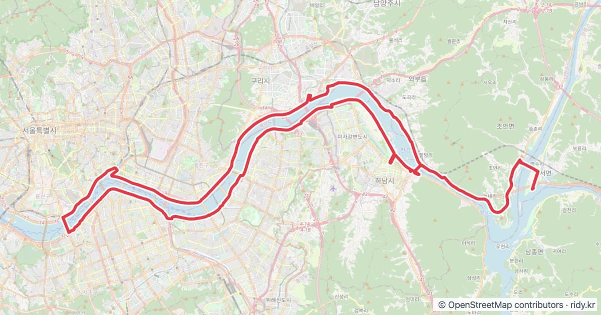 서울 반포GS-두물머리 자전거 코스 지도 미리보기 - 87.4km, 상승고도 434m
