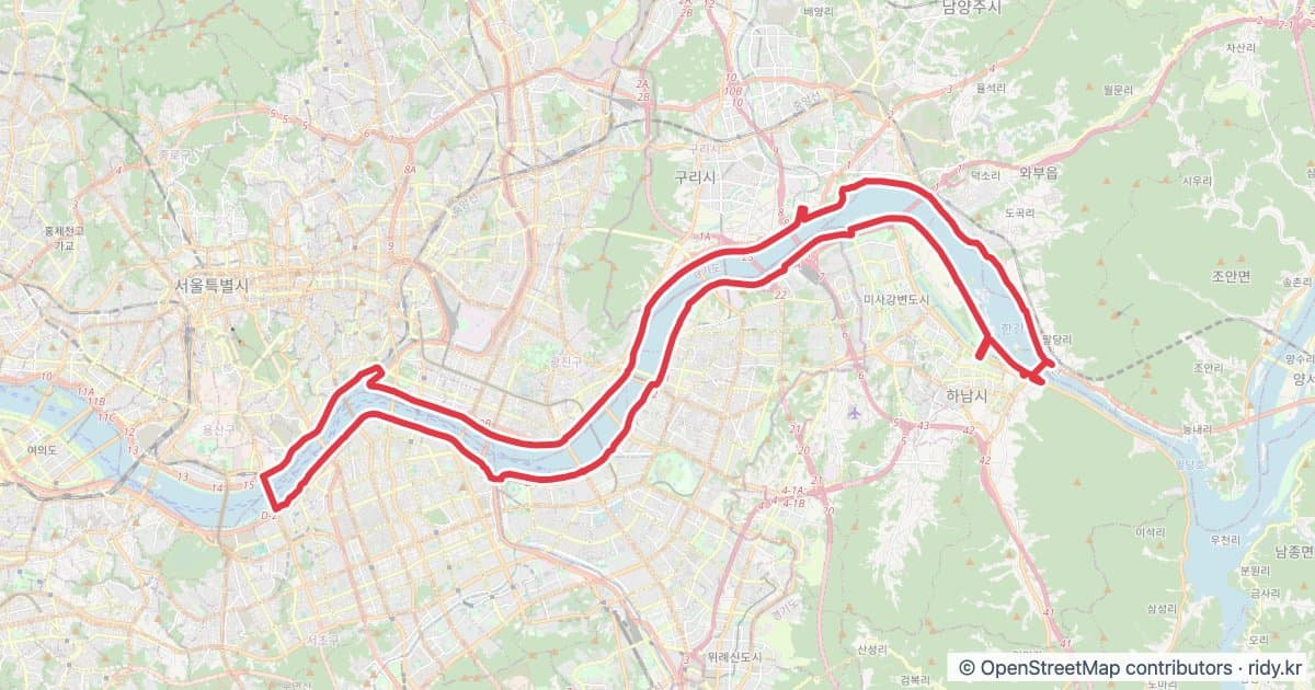 서울 반포GS-팔당대교 자전거 코스 지도 미리보기 - 63.8km, 상승고도 287m