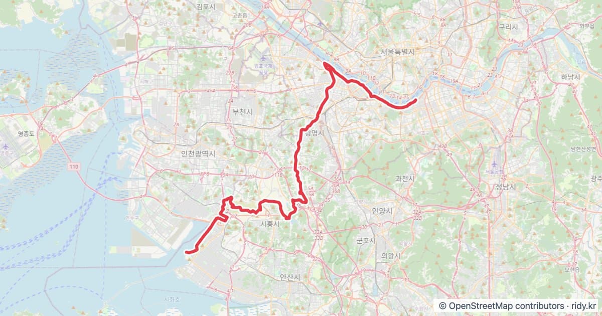 서울 반포GS-소래포구 코스 자전거 코스 지도 미리보기 - 125.2km, 상승고도 724m