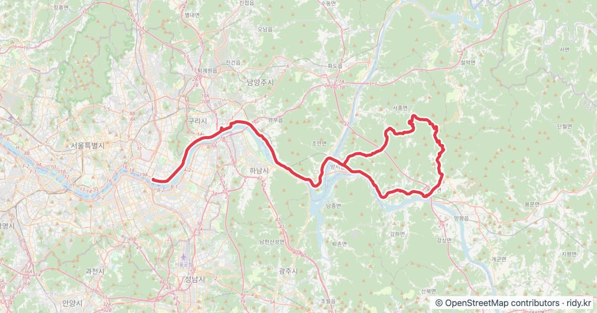 서울 뚝섬유원지-동부 3고개 자전거 코스 지도 미리보기 - 111.2km, 상승고도 1,413m