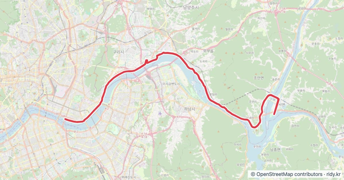 서울 뚝섬유원지-두물머리 자전거 코스 지도 미리보기 - 69.4km, 상승고도 343m