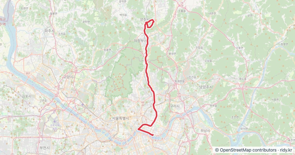 서울 뚝섬유원지-양주 크리테리움 자전거 코스 지도 미리보기 - 76.4km, 상승고도 307m