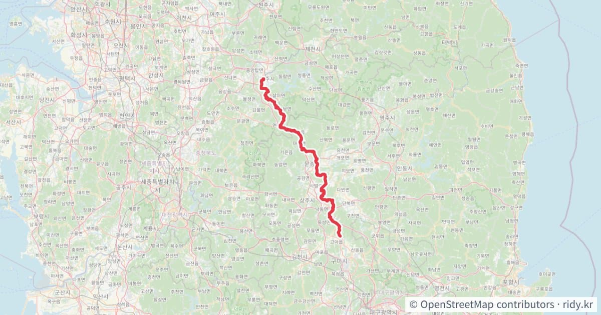 탄금대-구미보 자전거 코스 지도 미리보기 - 145.1km, 상승고도 1,028m