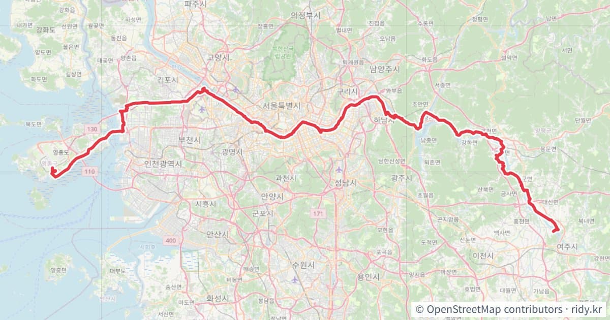 1일차 자전거 코스 지도 미리보기 - 160.6km, 상승고도 432m