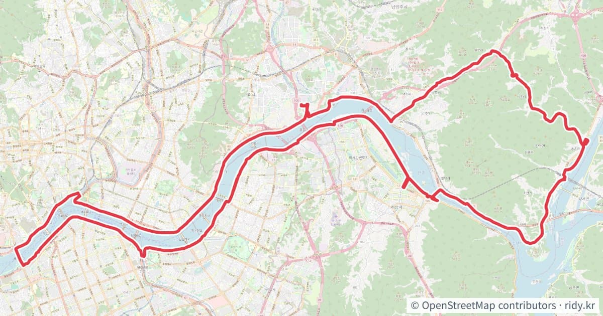 구리-용비교-시우리-구리 자전거 코스 지도 미리보기 - 90.8km, 상승고도 396m