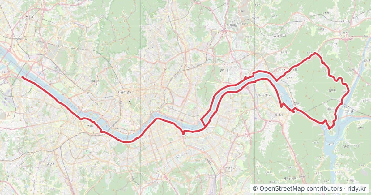 마곡-시우리-마곡 자전거 코스 지도 미리보기 - 96.8km, 상승고도 368m
