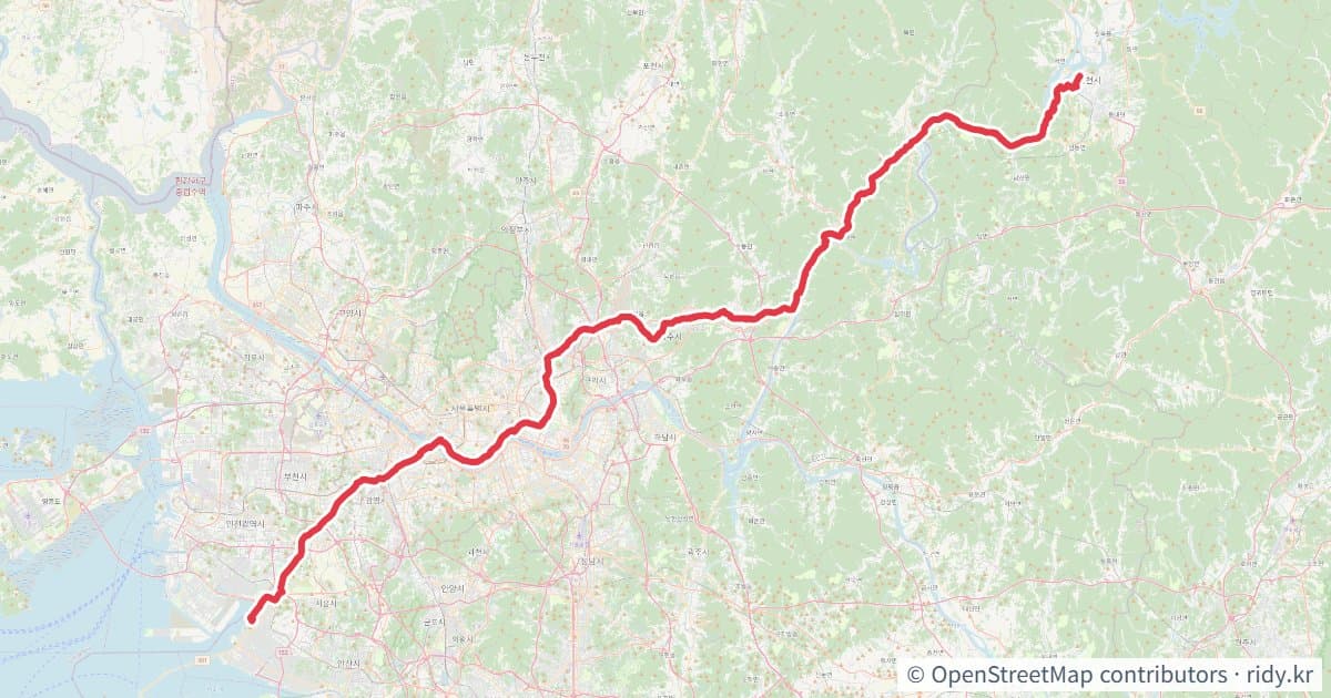 춘천역 > 배곧 자전거 코스 지도 미리보기 - 139.1km, 상승고도 451m