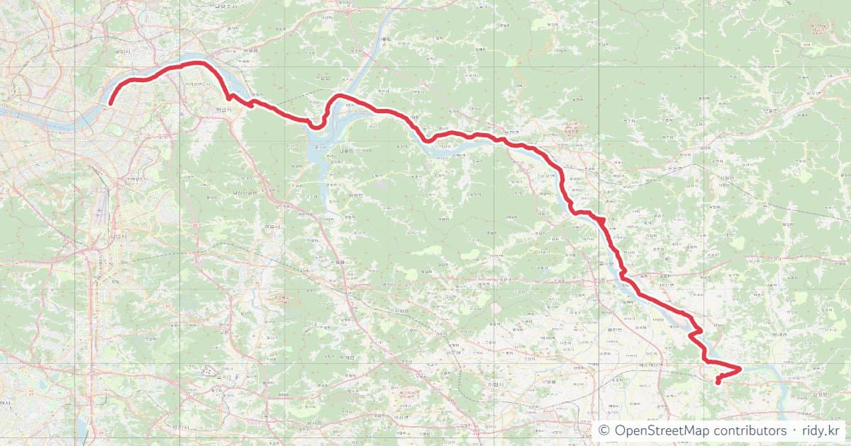 서울(광나루) to 여주(여주역) 자전거 코스 지도 미리보기 - 82.4km, 상승고도 442m