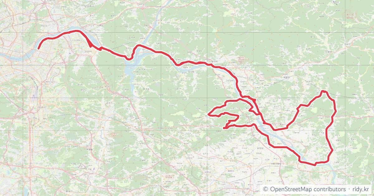 서울(광나루) to 여주4고개(범실고개, 장화치고개, 전양고개, 얼치고개) 왕복 213km 자전거 코스 지도 미리보기 - 212.9km, 상승고도 746m