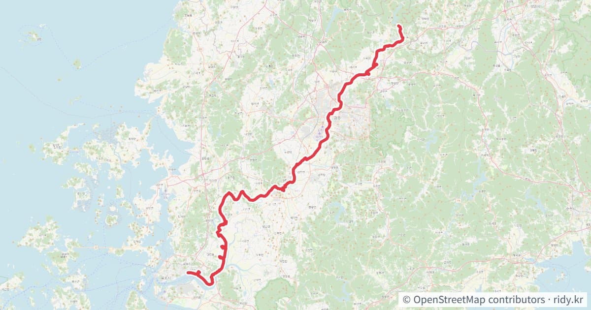 영산강자전거길 국토종주 GPX (담양댐~영산강하구둑) 자전거 코스 지도 미리보기 - 127.9km, 상승고도 63m