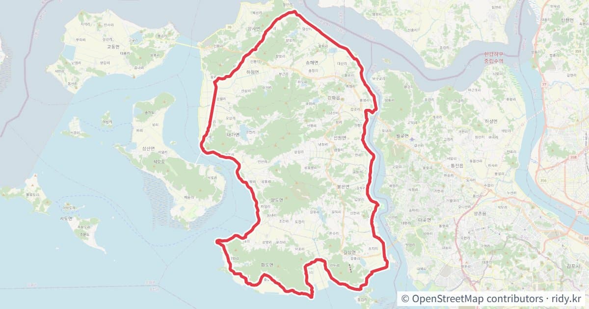 강화도 한바퀴(석모도 미경유) 라이딩 루트 · 인천 자전거 코스 지도 미리보기 - 83.1km, 상승고도 161m