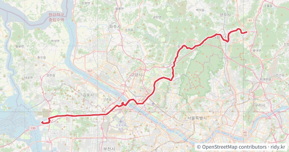 오목로 225번길 아라뱃길 자전거 코스 지도 미리보기 - 132.1km, 상승고도 380m