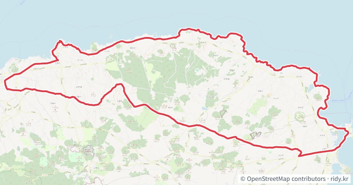 제주시-중산간동로&해안도로 자전거 코스 지도 미리보기 - 89.7km, 상승고도 428m