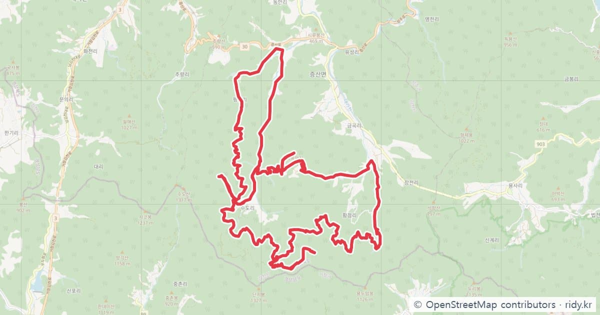 김천 수도산녹색숲모티길~장전폭포~인현왕후길 자전거 코스 지도 미리보기 - 49.9km, 상승고도 1,550m