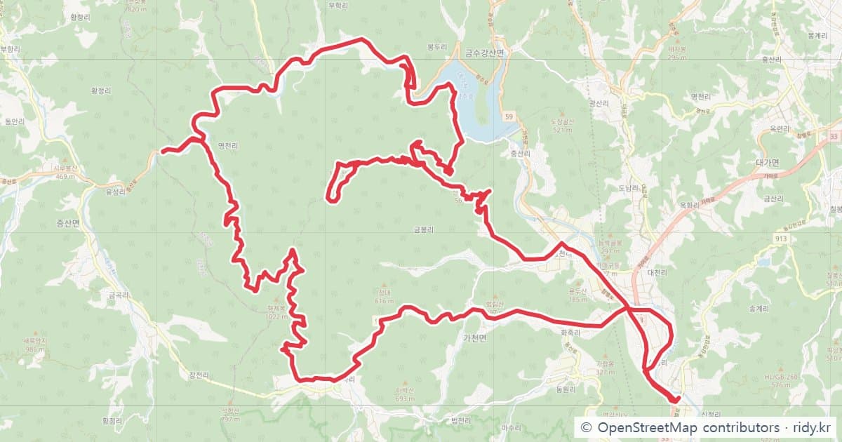 김천 무흘구곡~형제봉임도~독용산성~성주호 63km 자전거 코스 지도 미리보기 - 63.7km, 상승고도 1,452m
