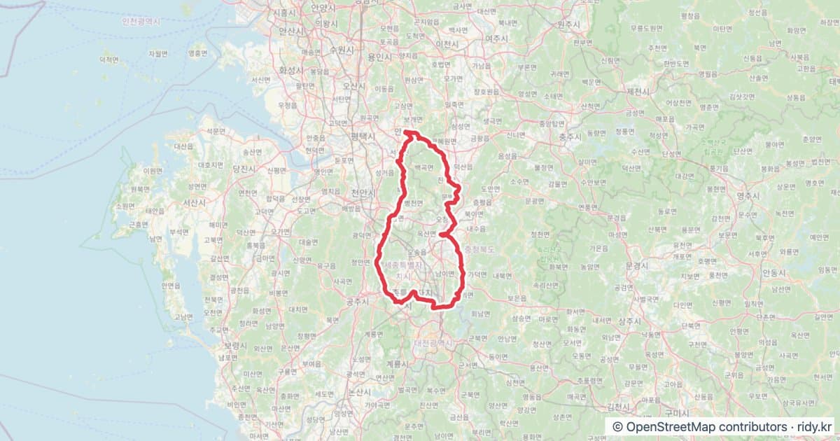 PT-187 대전맹꽁이 자전거 코스 지도 미리보기 - 200.4km, 상승고도 1,034m