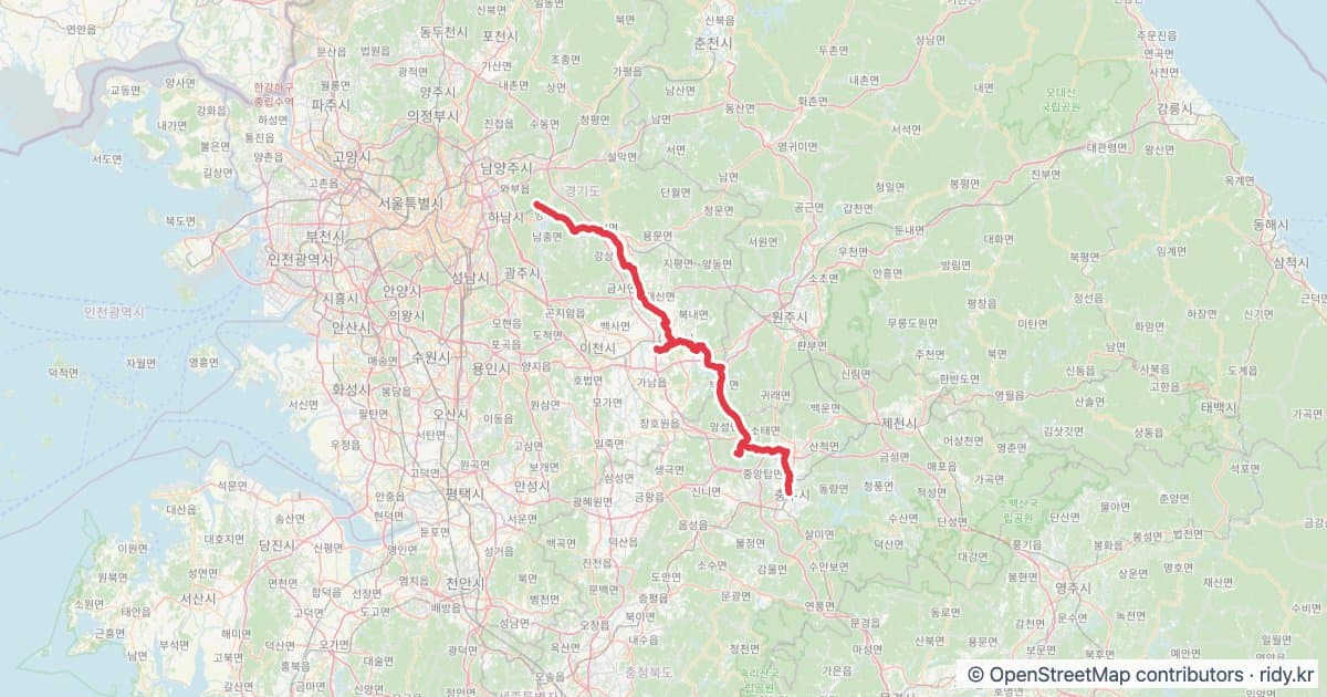 남한강자전거길 (능내역 → 충주탄금대) 자전거 코스 지도 미리보기 - 130.3km, 상승고도 1,790m