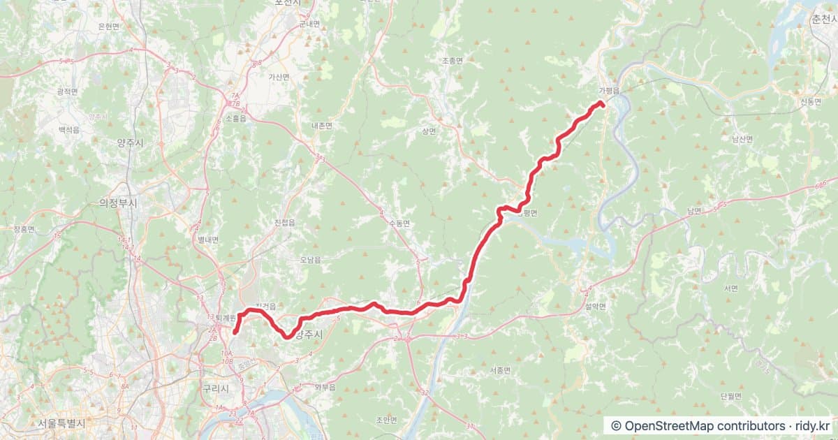 가평역 - 퇴계원역(짧은) 자전거 코스 지도 미리보기 - 50.0km, 상승고도 602m