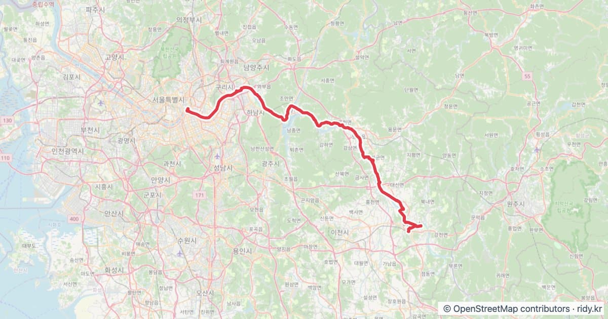 여주 금계국 라이딩 자전거 코스 지도 미리보기 - 95.1km, 상승고도 968m