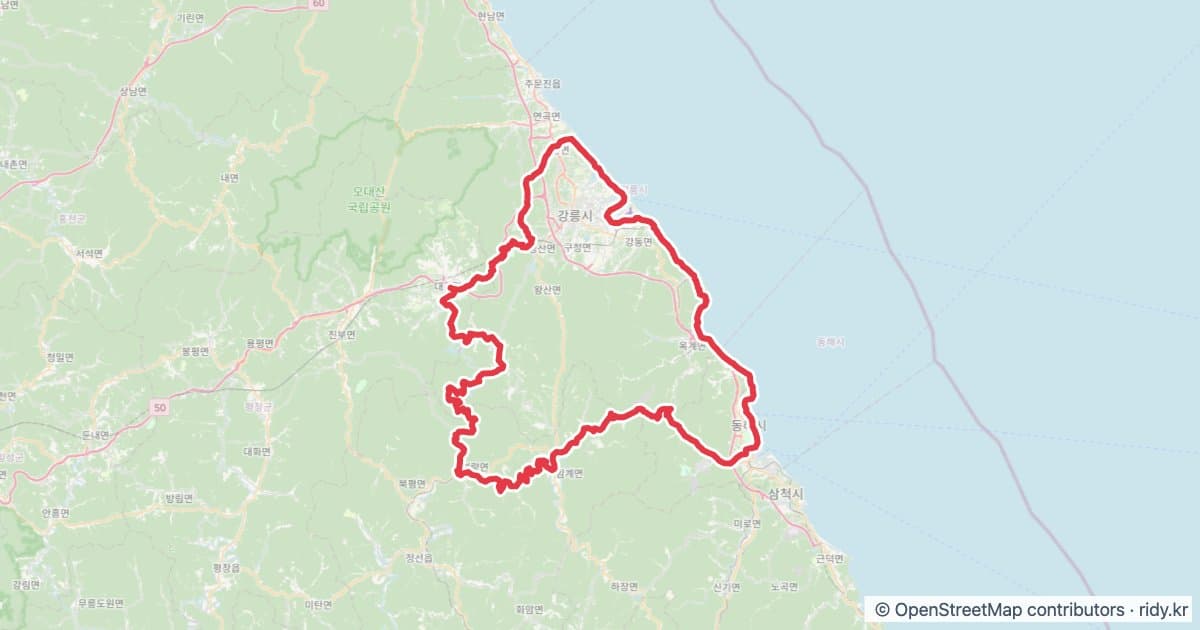 PT-197 동해물산 자전거 코스 지도 미리보기 - 208.0km, 상승고도 1,974m