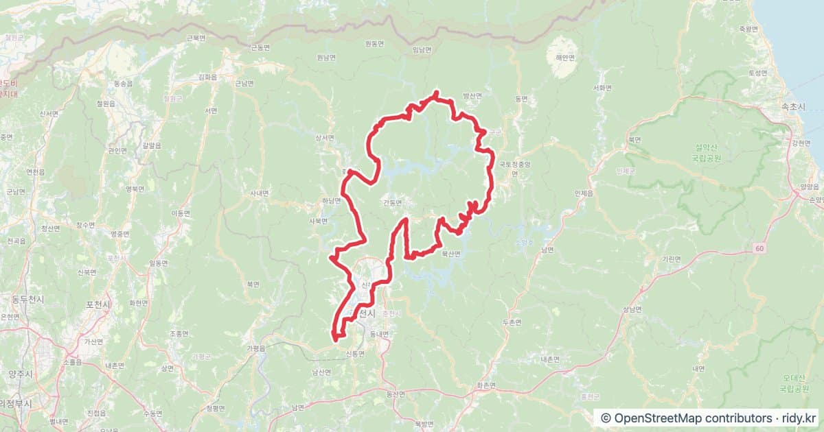 PT-23 호반의 도시 춘천 자전거 코스 지도 미리보기 - 205.4km, 상승고도 4,299m