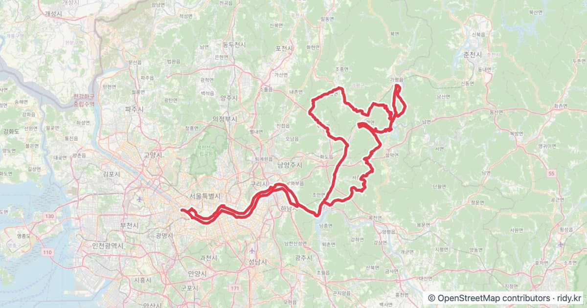 PT-26 청평호와 호명산 자전거 코스 지도 미리보기 - 256.1km, 상승고도 6,392m