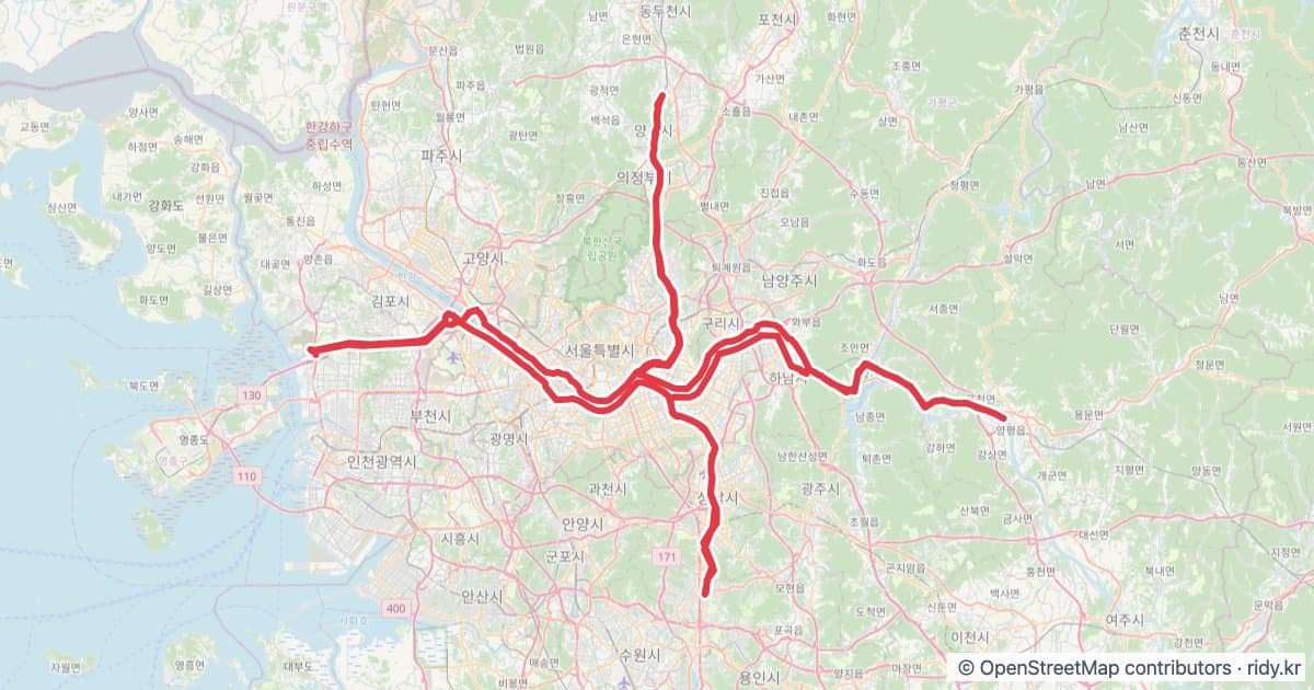 PT-38 한강크로스 자전거 코스 지도 미리보기 - 329.9km, 상승고도 1,036m
