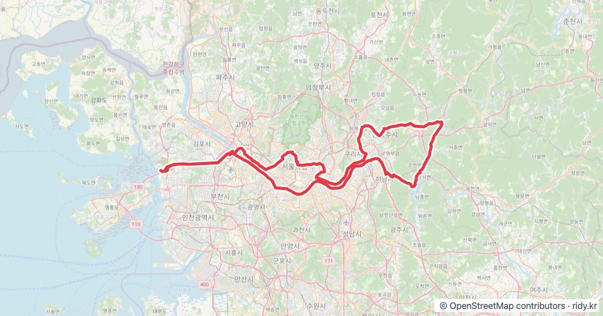 PT-43 서울 자전거도로 자전거 코스 지도 미리보기 - 203.3km, 상승고도 880m