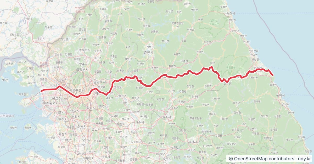 PT-44 정동진-정서진 자전거 코스 지도 미리보기 - 317.1km, 상승고도 8,796m