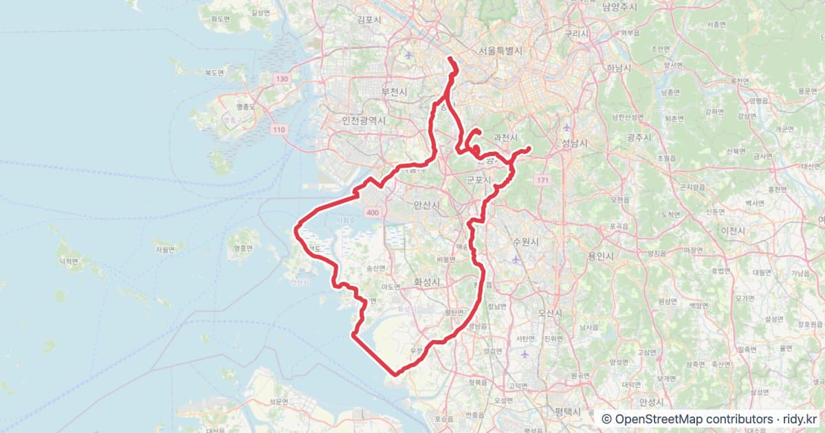 PT-101 서울서부 Seoul West 200K 자전거 코스 지도 미리보기 - 206.3km, 상승고도 1,122m