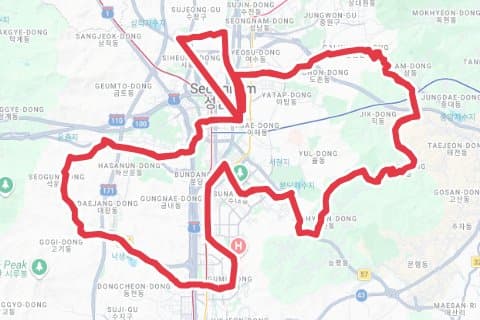 갈마치-강남300-여우-방아 자전거 코스 지도 미리보기 - 63.4km, 상승고도 625m