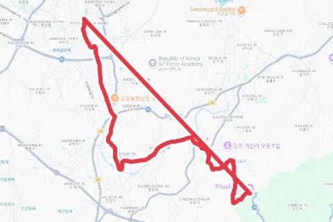 청주 장평교 , 피반령 코스 자전거 코스 지도 미리보기 - 15.3km, 상승고도 300m