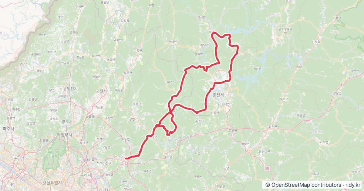PT-143 호명산 파로호 자전거 코스 지도 미리보기 - 206.5km, 상승고도 2,631m