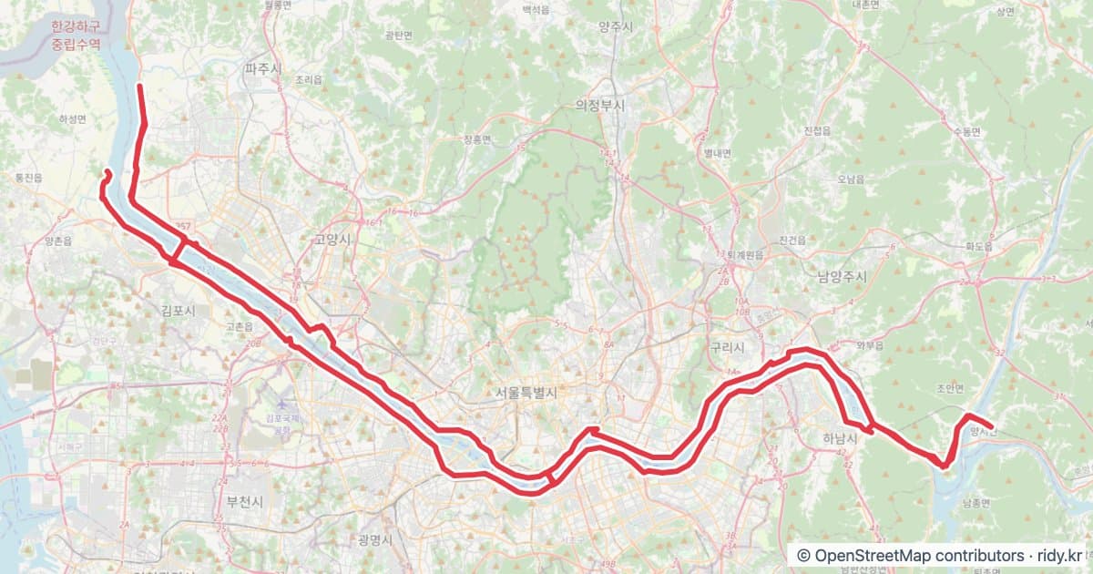 PT-163 한강투어 자전거 코스 지도 미리보기 - 200.7km, 상승고도 1,048m