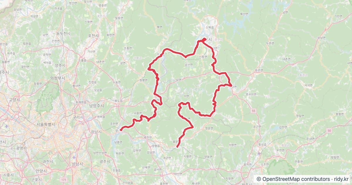 PT-198 춘천별곡 자전거 코스 지도 미리보기 - 201.9km, 상승고도 2,762m