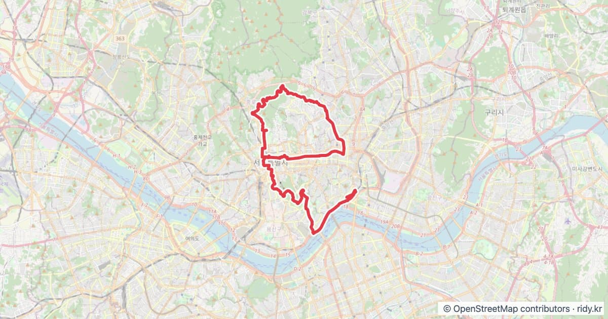 서울 라이딩 코스 · 서울숲~남산~북악 순환 자전거 코스 지도 미리보기 - 33.9km, 상승고도 492m