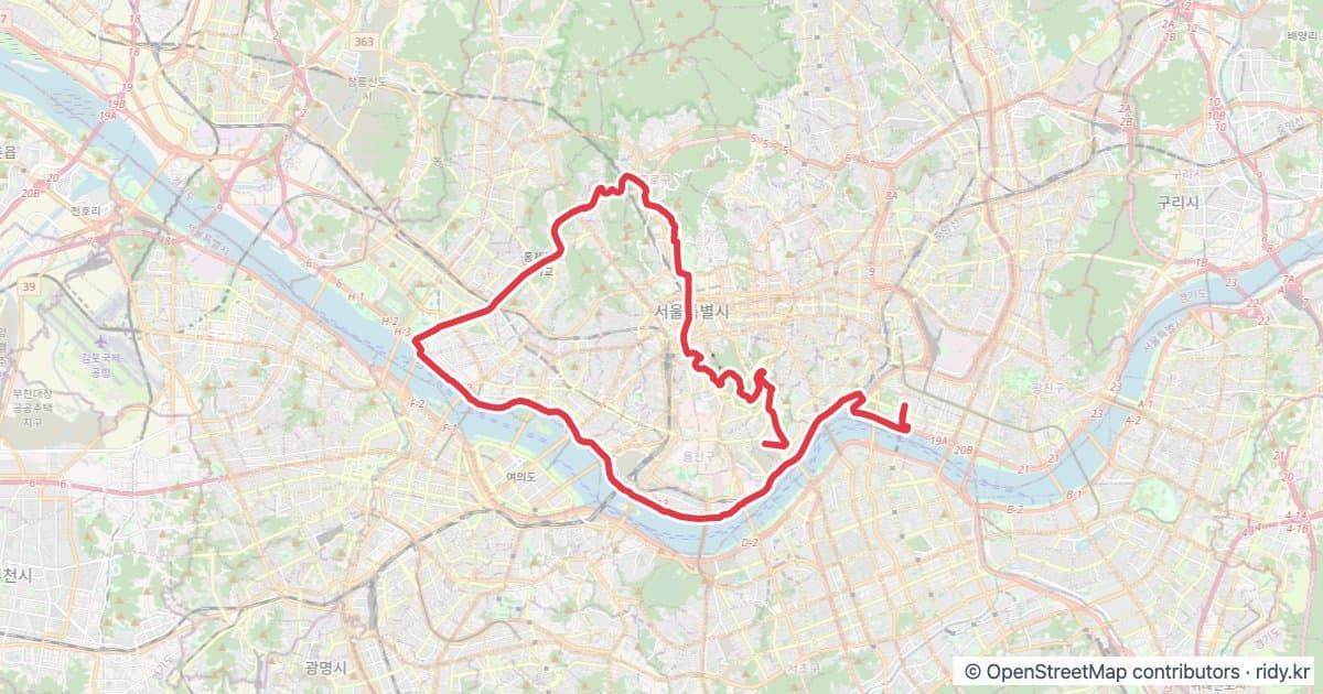 서울 라이딩 코스 · 테이크C-광화문-홍제-서울숲 자전거 코스 지도 미리보기 - 48.5km, 상승고도 321m