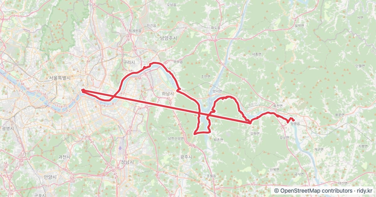 경기 라이딩 코스 · 용비-팔당-분원리-양평-쫑본 자전거 코스 지도 미리보기 - 140.7km, 상승고도 263m