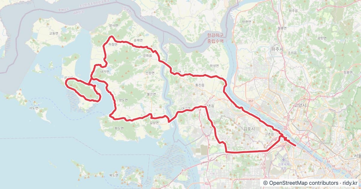 김포-강화-보문사-전등사-황룡사-아라뱃길 자전거 코스 (인천) 자전거 코스 지도 미리보기 - 149.7km, 상승고도 565m