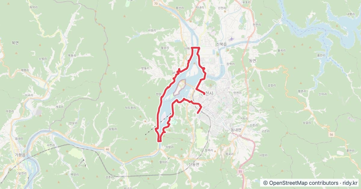 강원 자전거 코스 추천 · 춘천 의암호 순환시계방향 자전거 코스 지도 미리보기 - 29.9km, 상승고도 65m