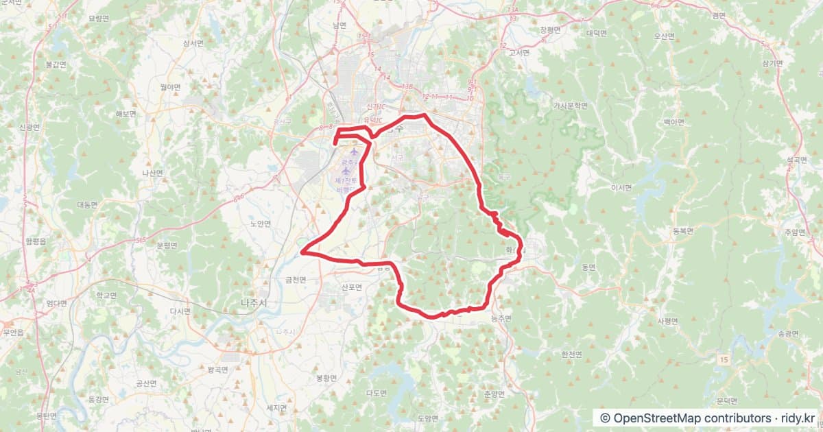 소촌-서창-너릿재-지석천-서창-소촌 순환81km 라이딩 루트 · 광주 자전거 코스 지도 미리보기 - 81.0km, 상승고도 743m