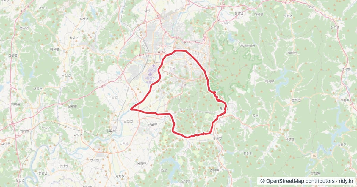 서창-너릿재-지석천-서창 순환70km 자전거 코스 (광주) 자전거 코스 지도 미리보기 - 67.1km, 상승고도 725m